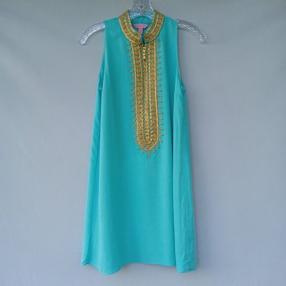 LILY PULITZER Jane Shift Dress Turquoise Gold‎ Designer Cruise Resort Size 00 - Picture 1 of 8